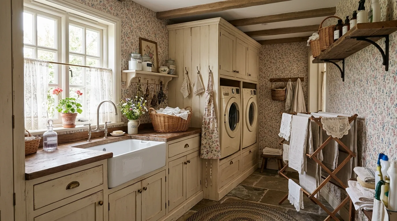 Cottagecore laundry room with romantic vintage charm and practical storage.